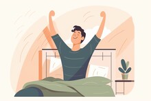  Generative AI.Happy Man Woke Up And Stretches In Bed. Good Morning. Awakening. Wake Up.  Start Of Working Day, Everyday Life, Daily Activity. 