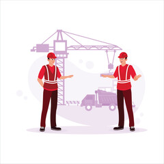 Two architects are standing before a modern construction area, discussing the project. Trend modern vector flat illustration.