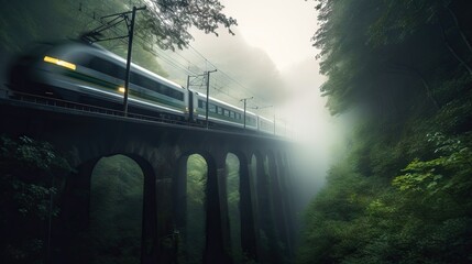  Speed passenger train moving in the mist mountains covered with forest. Generative AI