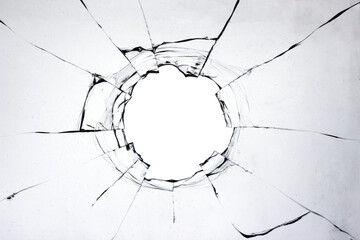 Old broken glass, cracks texture on white background