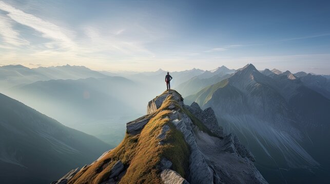 Hiker at the summit of a mountain overlooking a stunning view. Apex silhouette cliffs and valley landscape