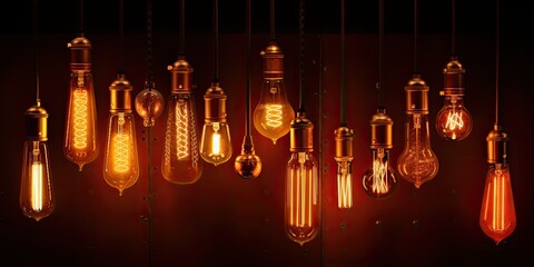 Decorative antique Edison style light bulbs, different shapes of retro lamps on dark background. Interior design decoration details. Set of vintage glowing light bulbs, loft interior. Steampunk.