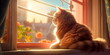 elegant and graceful cat sitting on a windowsill, basking in the warm sunlight, and gazing curiously at the world outside on International Cat Day. Generative AI