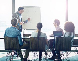 Meeting, presentation and whiteboard with a business man in the boardroom for training, coaching or education. Workshop, management or leadership with a male employee talking to his team in an office