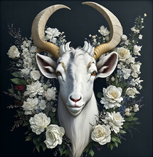 Portrait Of A White Goat With Flowers, Created With Generative AI.