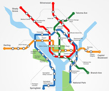 Transport, Train Railway And Map Of Metro For Navigation, Travel And Underground Infrastructure In City. Chart, Subway Transportation And Diagram For Urban Journey, Route Or Itinerary For Location