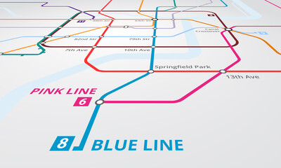 Underground, train railway and lines on map of metro for navigation, travel or transport with infrastructure. Chart, subway transportation or diagram for urban journey, route or itinerary to location