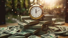 Money Coins With Retro Alarm Clock And Tree, Return On Investment, Deposit, Growth Of Income, Retirement And Savings. Time Is Money Concept, Generative AI