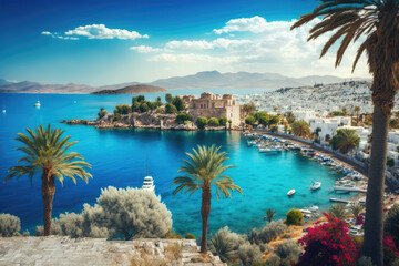 Wall Mural - Bodrum, Turkey, is known for its unique scenery, iconic landmarks, and beautiful tropical sea bay with palm trees and a turquoise lagoon on the Aegean Sea, generative AI