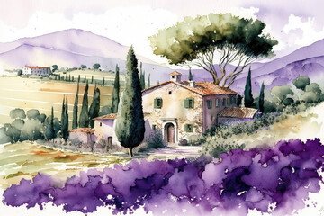 Wall Mural - watercolor painting created by hand of a stunning Italian landscape, generative AI
