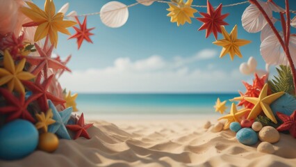 Poster - summer decoration with beauty beach background illustration. copy space. generative ai