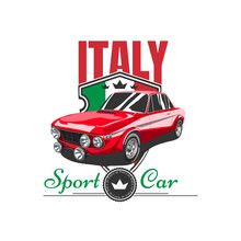 Old Racing Car Against The Background Of The Emblem With The Italian Flag