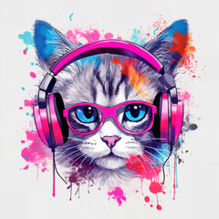  a cat wearing headphones and a pair of pink headphones, tee shirt graphic, blue-eyes, detailed beautiful animals, large colorful images, colourful artwork, generative, ai