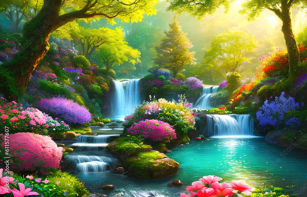 Ilustração Paradise land with beautiful gardens, waterfalls and