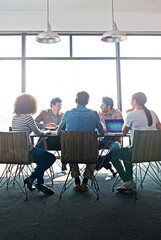 Leinwandbilder - Discussion, planning and team of business people in the office boardroom brainstorming for a project. Collaboration, professional and group of employees in a creative meeting in the modern workplace.