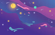 © backup_studio - Neon outer space with planets, starry galaxy game background with nebula curve shape