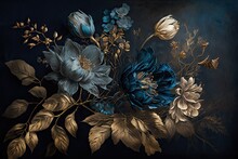 Subtly Textured Blue And Gold Painted Flowers Dark Moody Background. Generative AI AIG15.