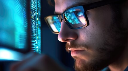 Focused developer coder wears glasses working on computer looking at programming code. Generative AI
