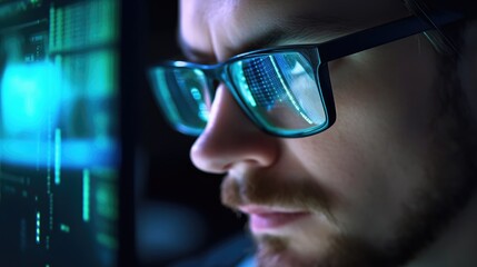 Focused developer coder wears glasses working on computer looking at programming code. Generative AI