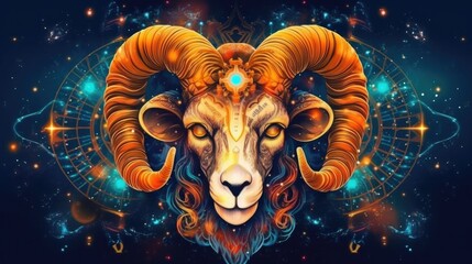 Wall Mural - Astrology calendar. Aries magical zodiac sign astrology. Esoteric horoscope and fortune telling concept. Aries zodiac in universe. Generative AI