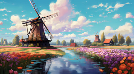 Illustration of a beautiful rural landscape with windmills