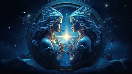 Wall Mural - Astrology calendar. Gemini magical zodiac sign astrology. Esoteric horoscope and fortune telling concept. Gemini zodiac in universe. Generative AI