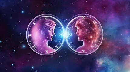 Wall Mural - Astrology calendar. Gemini magical zodiac sign astrology. Esoteric horoscope and fortune telling concept. Gemini zodiac in universe. Generative AI