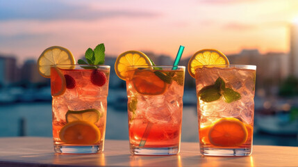 Beautiful three colorful summer drinks on the table against the backdrop of the sea, vacation, vacation, travel. Refreshing alcoholic and non-alcoholic cocktails. generated ai.