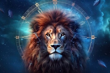 Wall Mural - Astrology calendar. Leo magical zodiac sign astrology. Esoteric horoscope and fortune telling concept. Leo zodiac in universe. Generative AI