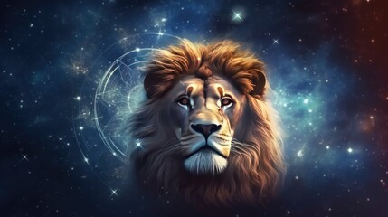 Wall Mural - Astrology calendar. Leo magical zodiac sign astrology. Esoteric horoscope and fortune telling concept. Leo zodiac in universe. Generative AI