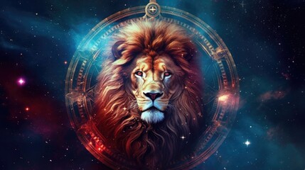 Astrology calendar. Leo magical zodiac sign astrology. Esoteric horoscope and fortune telling concept. Leo zodiac in universe. Generative AI