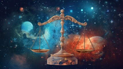 Wall Mural - Astrology calendar. Libra magical zodiac sign astrology. Esoteric horoscope and fortune telling concept. Libra zodiac in universe. Generative AI