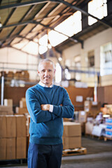 Aufkleber - Arms crossed, smile and portrait of man in warehouse for cargo, storage and shipping. Distribution, ecommerce and logistics with employee in factory plant for supply chain, package and wholesale
