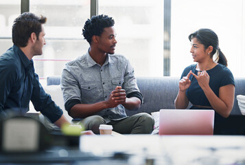 Fototapete - Planning, teamwork and mentor with business people in meeting for strategy, project management or creative. Entrepreneur, brainstorming and diversity with employee in startup for design collaboration