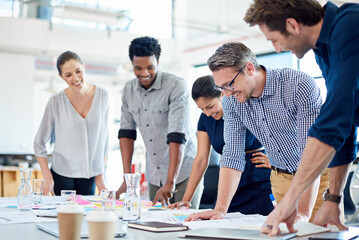Poster - Group, meeting and staff brainstorming, planning and talking with ideas, startup or cooperation. Team, manager or business people with collaboration, teamwork or partnership with support and creative
