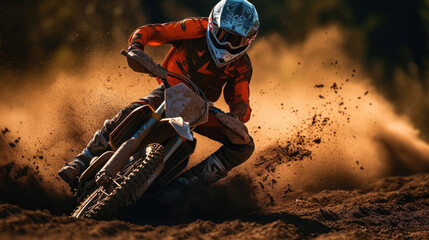 Poster - Dirt bike rider racing down a dirt track. Generative AI