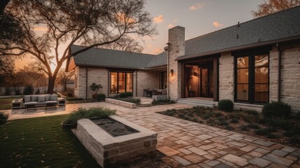 home architecture design in ranch style with front porch constructed by stucco and stone material. o