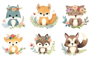 Wall Mural - Collection of adorable woodland creatures, floral, lush foliage and blooming flowers. Ideal for nursery decor, children's books, fabric patterns, or greeting cards. Generative AI