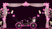 Wedding Invitation Frame. Animation Of Double Couple Bicycle With Heart Balloons, Pink Flower Frame And Wedding Cloth Arch On Dark Red Background
