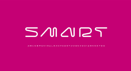 Technical wide round future font, digital cyber alphabet, trendy original white uppercase letters from A to Z and numbers from 0 to 9 for interface design, vector illustration 10EPS