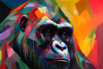 A beautiful gorilla, modern artwork, abstract colorful painting with geometric shapes. Hand drawn digital painting. Generative AI