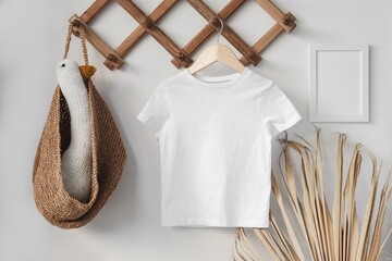 Minimalist white kid t-shirt mockup for presentation cute child sublimation designs in scandinavian boho interior with minimalistic handmade decoration and dried palm leaf