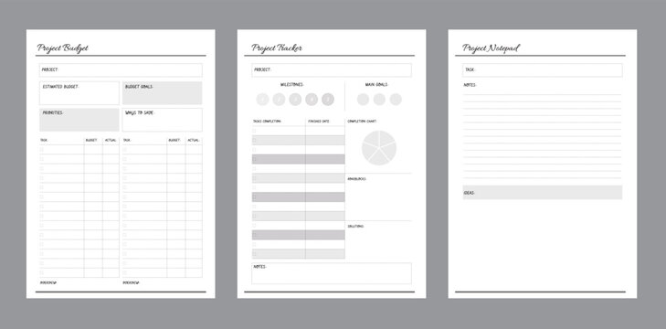 the project budget tracker notepad Planner. Minimalist planner template set. Vector illustration.	 