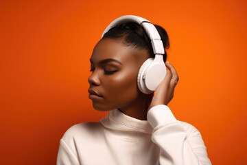 Fashionable young black woman listening music in white headphones on orange background. Generative ai