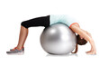 © Adv RT Team Mar/peopleimages.com - Exercise ball, woman or stretching back for fitness performance, yoga training or pilates workout. Spine wellness stretch, healthy body or person start warm up isolated on transparent, png background