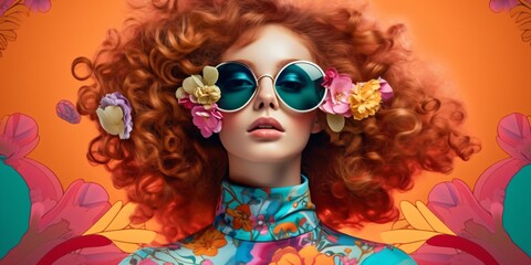 a beautiful flower power woman with cool sunglasses, fictional person created with generative ai