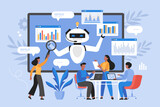 Fototapeta Pokój dzieciecy - Artificial intelligence tool for data analysis business concept. Modern vector illustration of people using AI technology for charts and marketing strategy