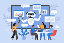 Artificial Intelligence Tool For Data Analysis Business Concept. Modern Vector Illustration Of People Using AI Technology For Charts And Marketing Strategy