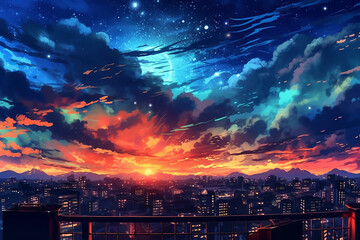 Wall Mural - ai generative image of an anime sky at night with a beautiful clouds and colorful image of universe
