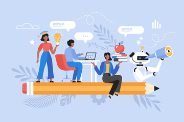 Back to school concept. Education artificial intelligence concept. Modern vector illustration of students using AI technology for studying and learning
